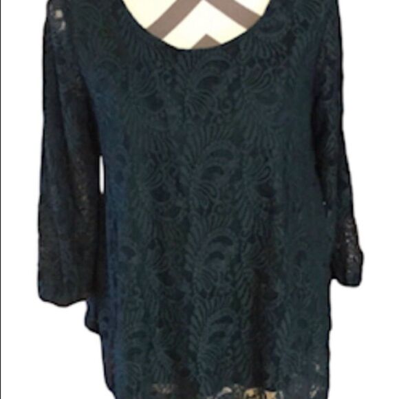 Roz & Ali Petite Medium Green Lace Top - Picture 1 of 7